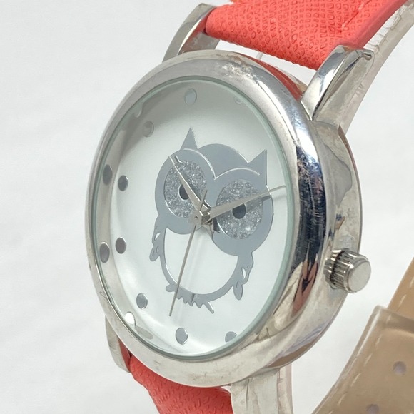 Accutime Owl Watch Women 35mm Silver Tone Coral Faux Leather Glitter New Battery - Picture 4 of 16